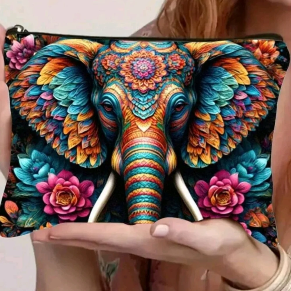Boho Elephant Floral Print Zip Purse Bag